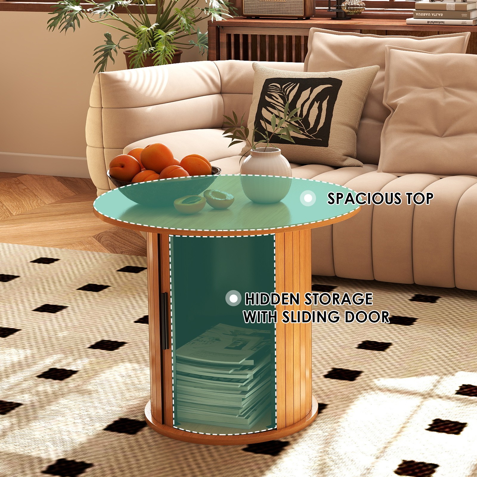 23.6" Round Coffee Table Wood Side End Table Nightstand Farmhouse for Small Spaces w/Hidden Storage,Sliding Door Living Room,Bedroom(Light Brown)