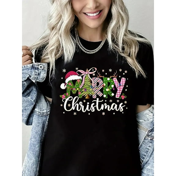 Woman Christmas Shirt Merry Christmas Graphic T-Shirt Casual Short Sleeve Black Top