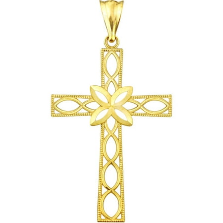 US GOLD Handcrafted 10kt Gold Cross with Center Flower Charm Pendant