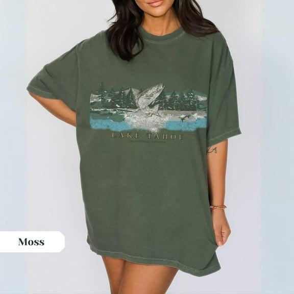 Vintage Lake Tahoe Fish Tee, Tshirt, Oversized Lake Shirt, Vacation Aesthetic, Outdoor Lover Gift, Distressed Graphic Tee