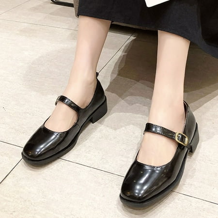 

Cathalem Fashion Autumn Women Casual Shoes Low Heel Thick Heel Buckle Square Toe Solid Color Womens Dresses Casual Shoes Black 6.5