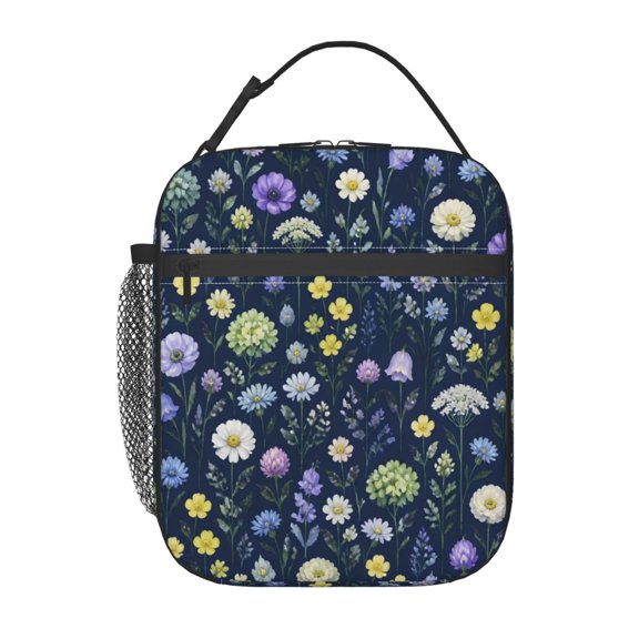 Navy Wildflower Lunch Bag Reusable Thermal Lunch Box with Handle for Women and Men