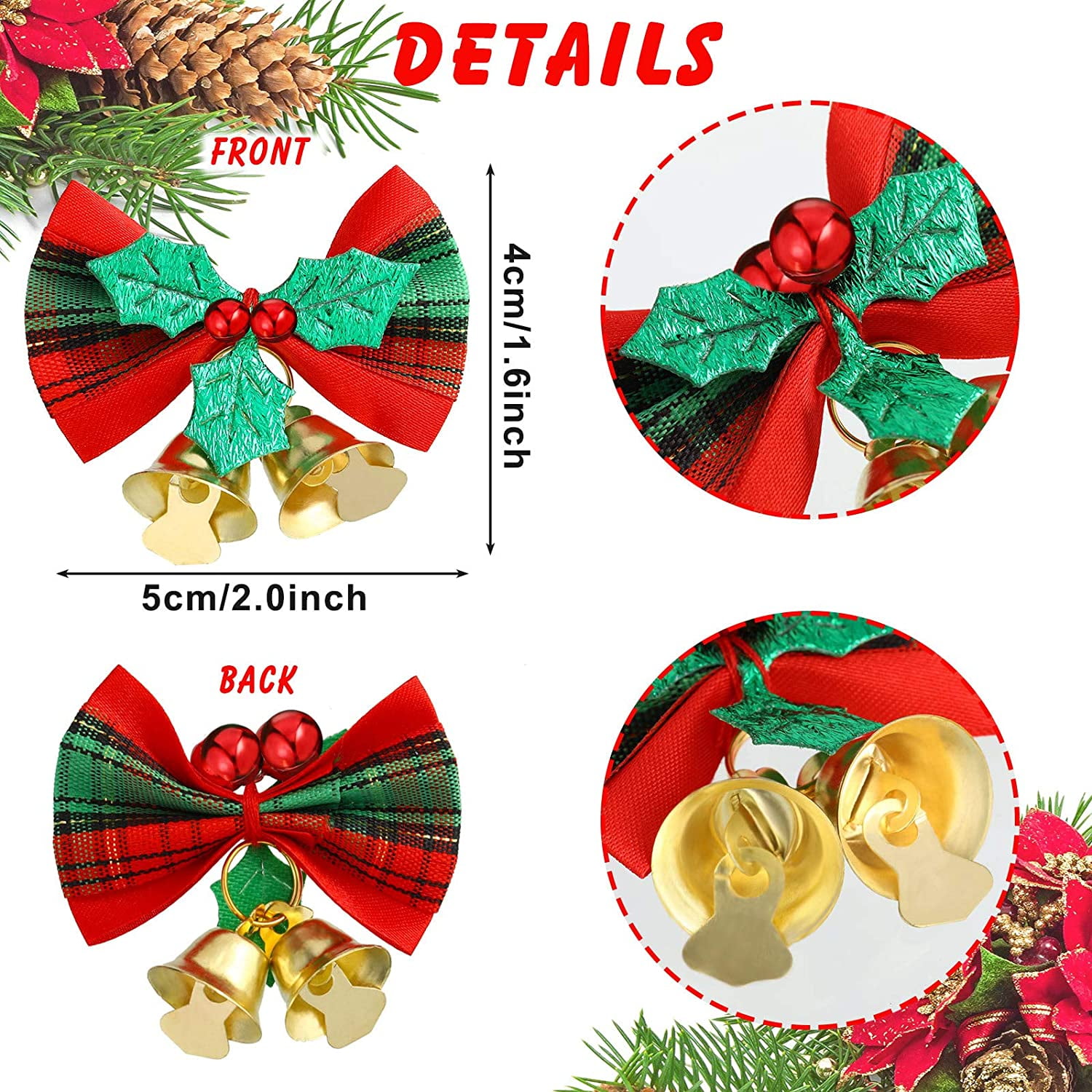 40PCS Christmas Bow with Bells for Crafts Christmas Mini Bowknot Ornament Craft Present Bow Christmas Tree Wreaths Hanging Decor