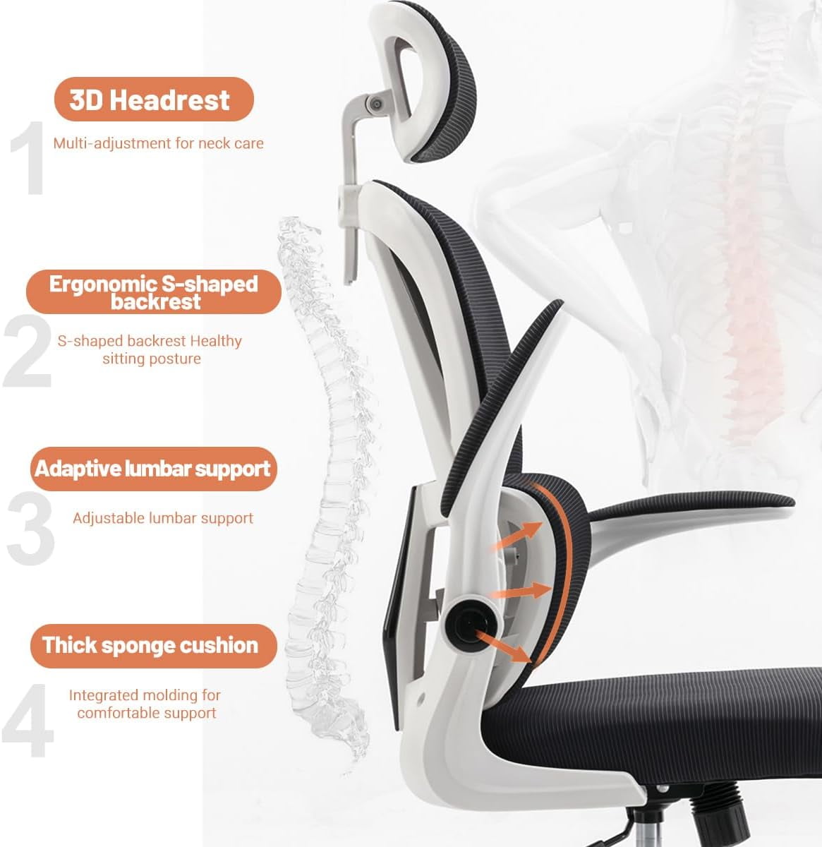 WXJHL Ergonomic Office Chair Comfort Home Desk Chair Adjustable High Back Mesh Chair Lumbar Support Computer Chair with Flip-up Arms for Work, Study, Gaming,White Mesdh Chair（Black and White）