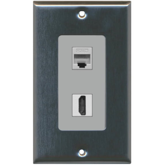 RiteAV - 1 Cat5e Ethernet and 1 HDMI Decorative Wall Plate - Stainless/Gray - Bracket Included