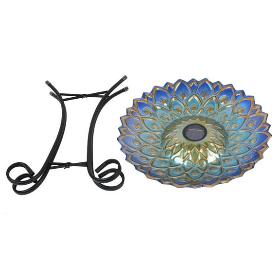 Hi-Line Gift Ltd 78415-R Solar Peacock Blue Geometric Glass Bird Bath with Stand