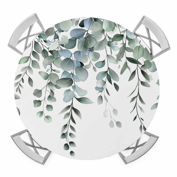 Spring Green Eucalyptus Leaves Round Fitted Tablecloth with Elastic Edge, Waterproof Table Cloth Table Cover for 36"-44" Tables, Summer Rustic Botanical Tablecloths for Dining Picnic Indoor Outdoor