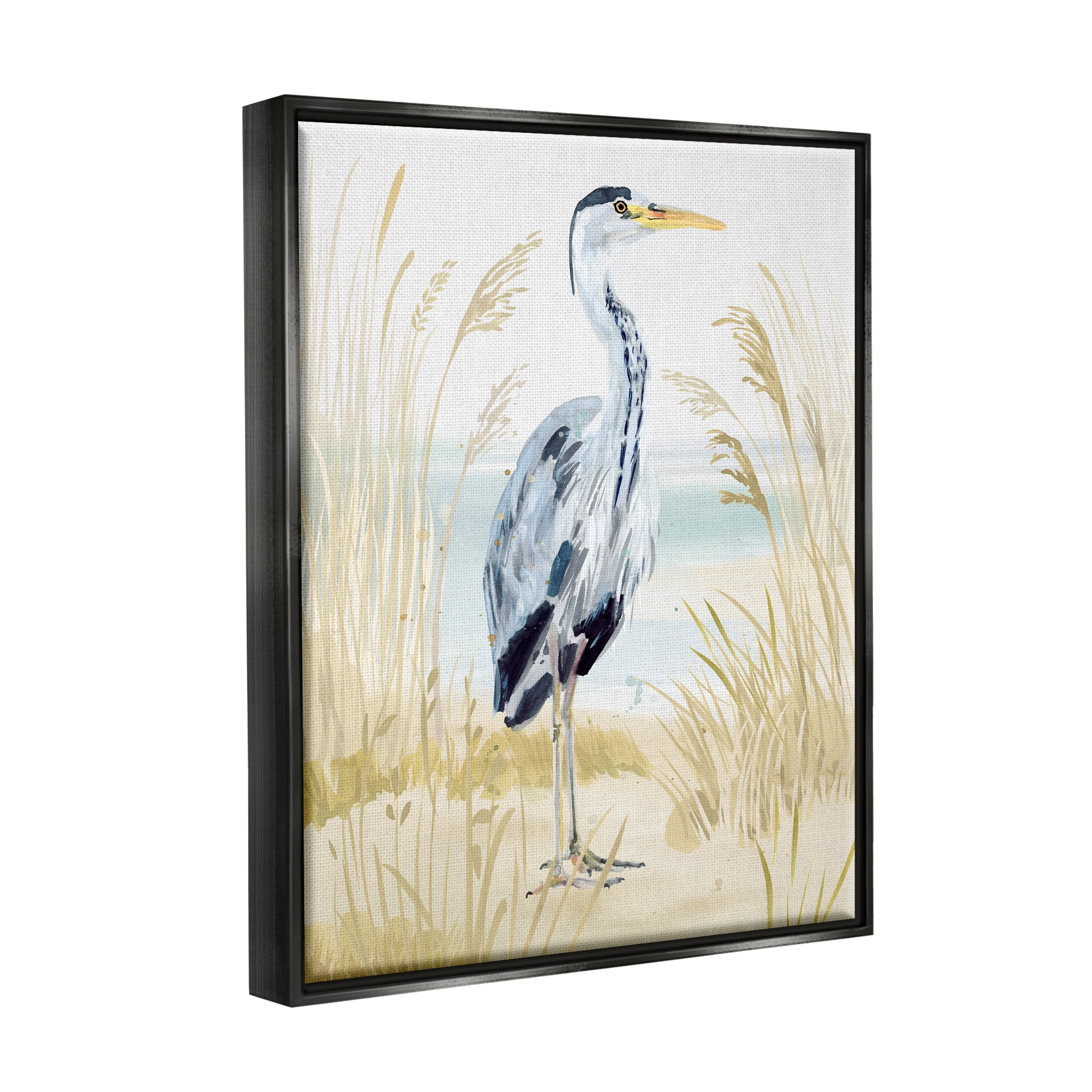 Stupell Industries Modern Heron on Beach Animals & Insects Painting Black Floater Framed Canvas Art Print Wall Art, 25 x 31