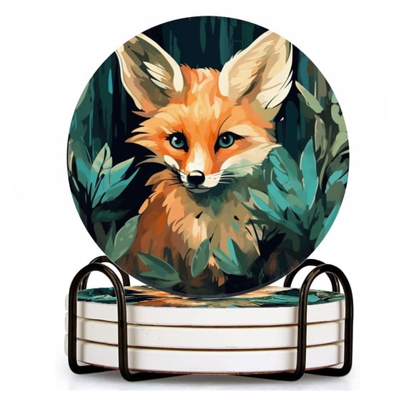 BaHomeck Drink Coasters Set of 4 with Holder cute fox with dark green leaves Water Absorbent Ceramic Coasters Tabletop Protection,Suitable for Various Cup ,Home Decor