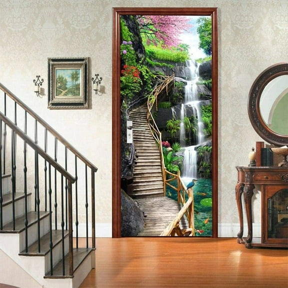 3D Door Stickers Waterfall 77X200Cm Door Stickers Poster Hallway 3D Wallpaper Door Trompe L'Oeil For Living Room Bedroom Home Decoration Decals