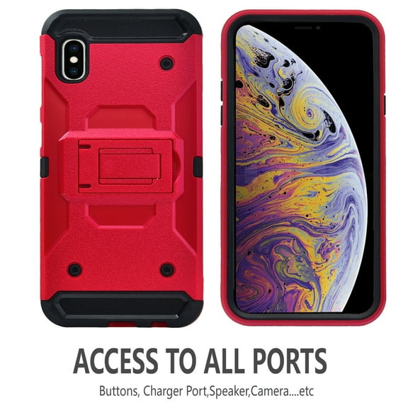 iPhone X/ XS Case, STARSHOP Full Cover Heavy Duty Dual Layers Phone Cover with Kickstand and Locking Belt Clip-Red