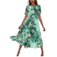 thumbnail image 2 of Sakmal Summer Dresses for Women Under $10 Green Crew Neck Long Floral Loose Fit Flowy Short Sleeve A-Line Dress, 2 of 6