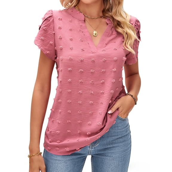TEMOFON Womens V Neck Blouse Dressy Casual Short Sleeve Ruffle Summer Work Tops