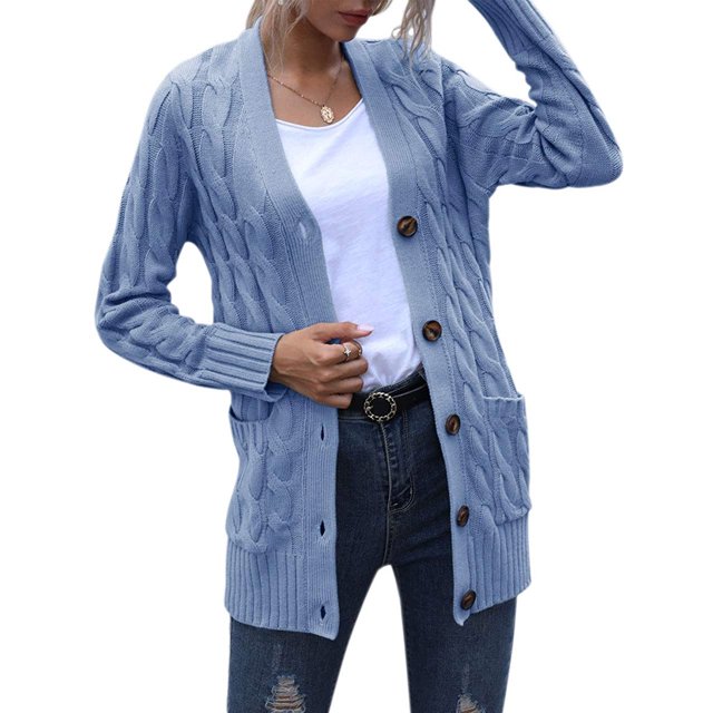 Minnieouse Suéter de mujer con cuello en V Botón Prendas de abrigo Abrigo de otoño de punto de manga larga Prendas para la parte del cuerpo Azul L Minnieouse AP003363-23