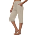 thumbnail image 5 of MLQIDK Linen Capris for Women Lounge Pant Elastic Waist Knee Length Pedal Pushers Dressy Casual Pedal Pushers with Pockets Khaki 2XL, 5 of 7