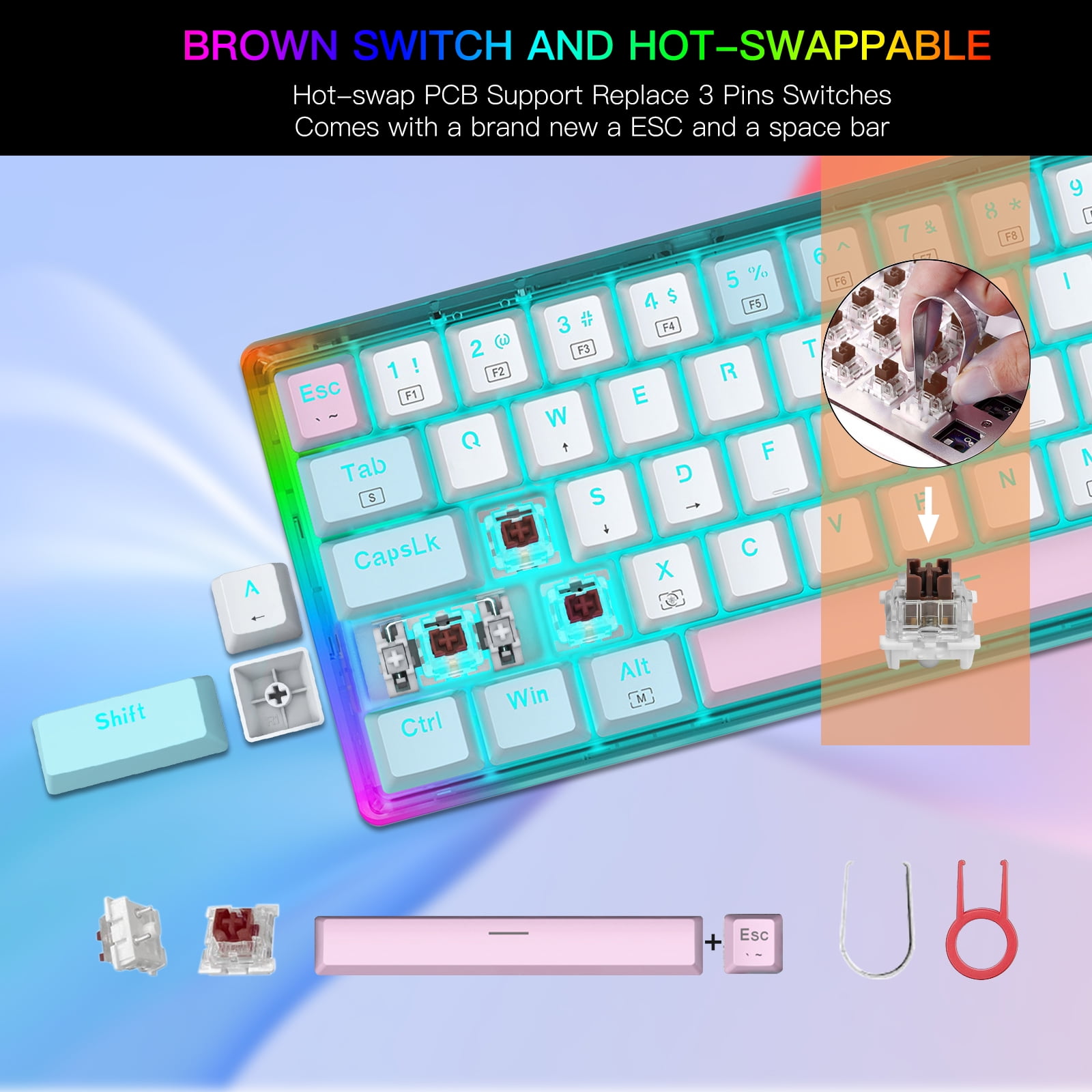EYOOSO 60% Wired Mechanical Gaming Keyboard with Type C Cable & Extra Keycaps, Blue
