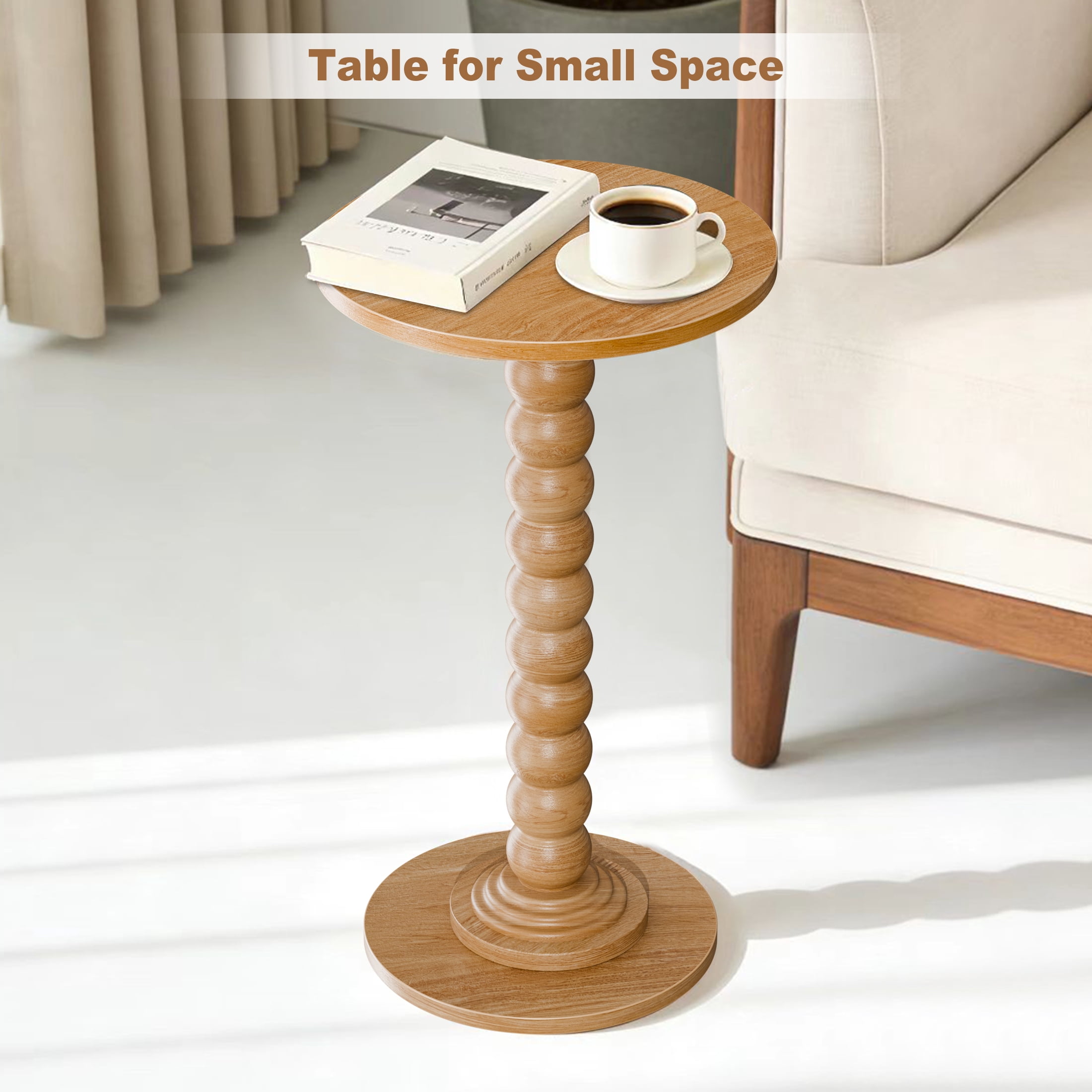 EDX Round Side Table - Solid Wood Leg Small Drink Table for Living Room Bedroom Office,Natural