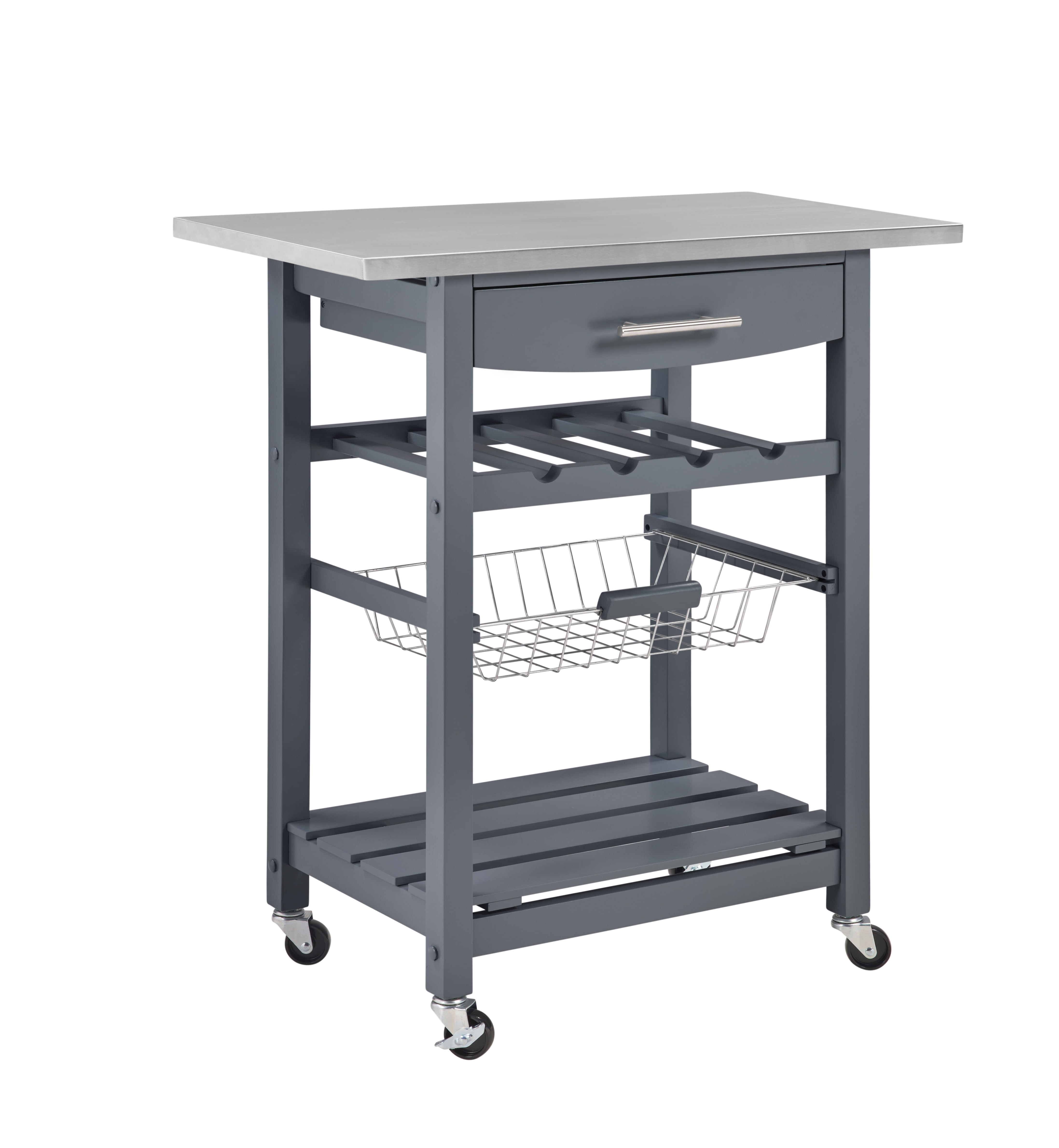 Mobile Rolling Kitchen Island with Stainless Steel Work Surface, Drawer & Storage Basket
