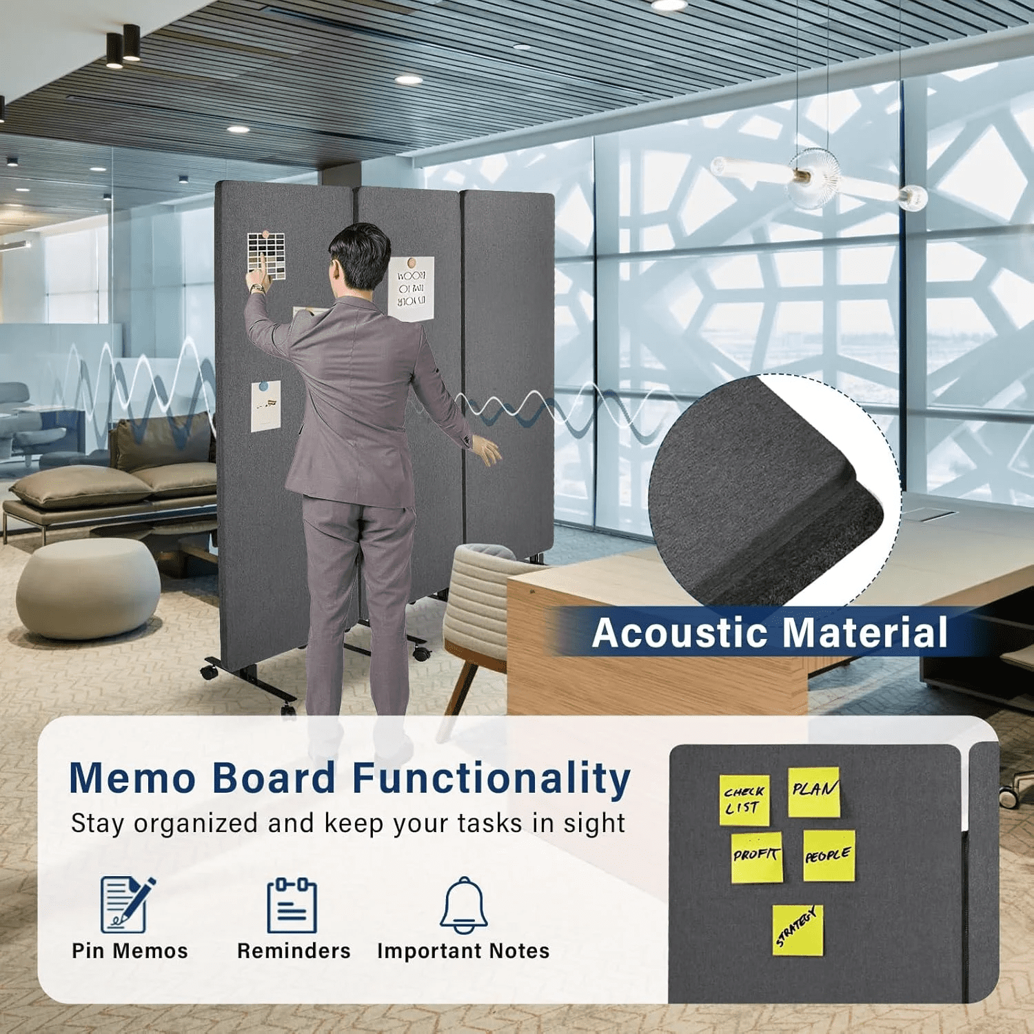 72 x 66in Sound Proof Dividers with Wheels, Portable Office Partition Wall, 3-Panel Freestanding Acoustic Barrier for Noise Reduction(Dark Gray)