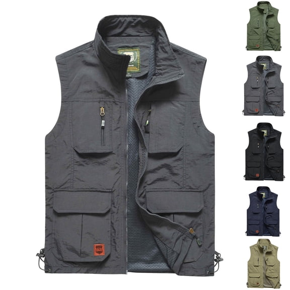FRSASU Men's Vest Outdoor Work Quick-Dry Hunting Zipper up Travel Fishing Vest with Multi Pockets Khaki