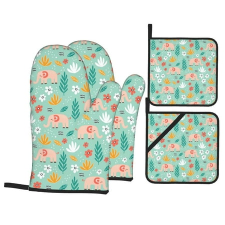 

Oven Mitts and Pot Holders 4 Piece Elephant and Flowers High Heat Slip Resistant Oven Mitt and Trivets Set Kitchen Oven Glove Pot Holders for Cooking Baking Grilling