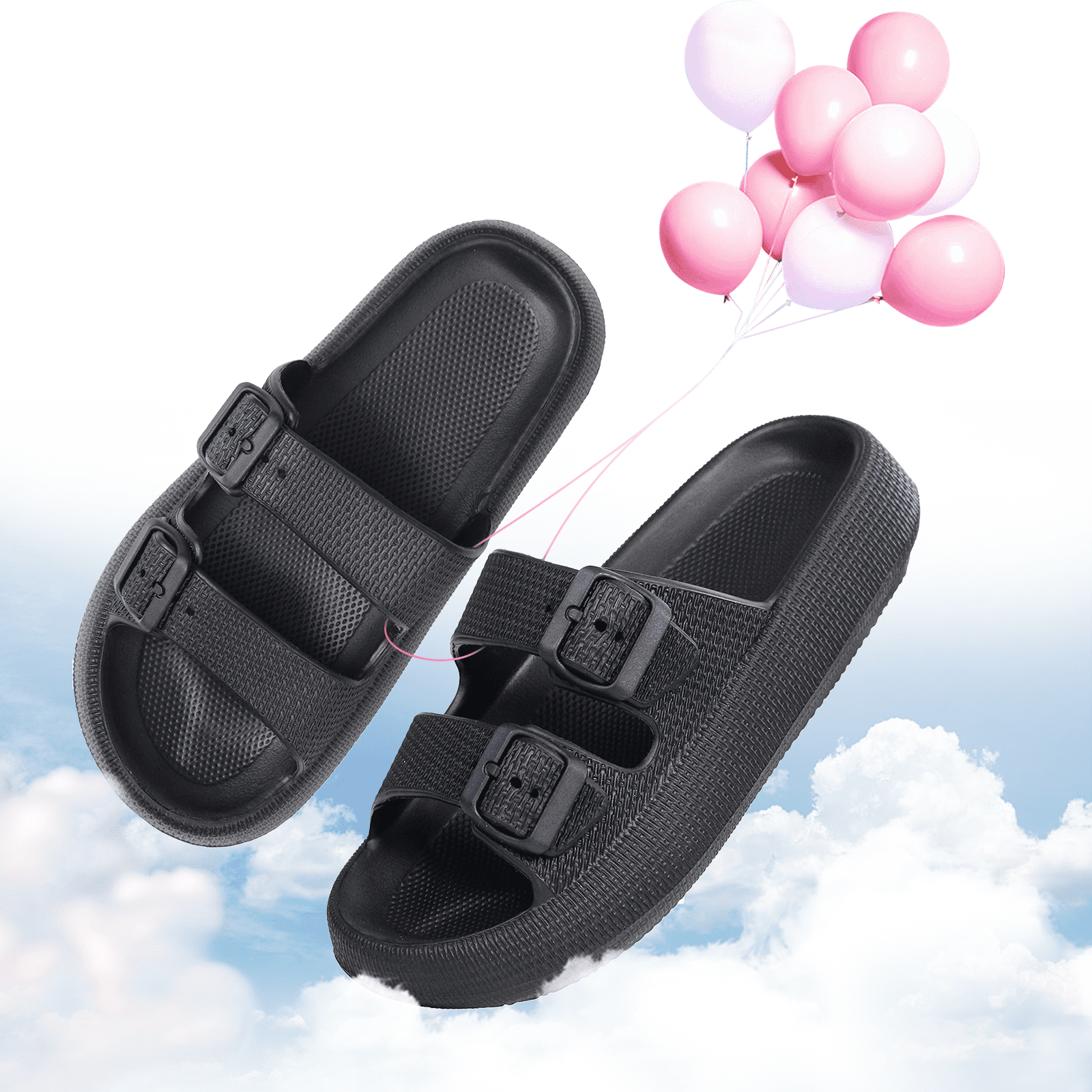 WALL QMER Sandals for Women and Men, Cloud Slides for Women, Women's Comfort Slides Double Buckle Adjustable EVA Flat Sandals, Black