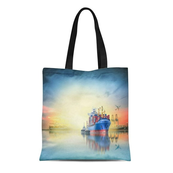 NUDECOR Canvas Tote Bag Logistics and Transportation of International Container Cargo Ship Plane Reusable Shoulder Grocery Shopping Bags Handbag