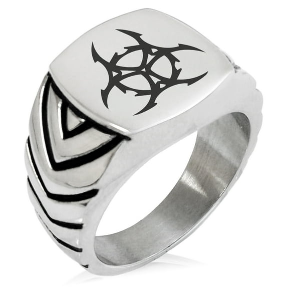 Stainless Steel Barbed Wire Biohazard Chevron Pattern Biker Style Polished Ring