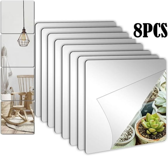 8 pack Self Adhesive Acrylic Mirror, 8 x 8 inch Tiles,Flexible Plastic Mirror Sheets Wall Stickers,2MM Thick Frameless,Small Mirrors for Wall