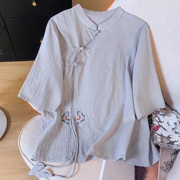 Fiudx Camisas para Mujer Top de Manga Corta con Botones y Cuello Inclinado con Cuello Alto Bordado y Lino para Mujer