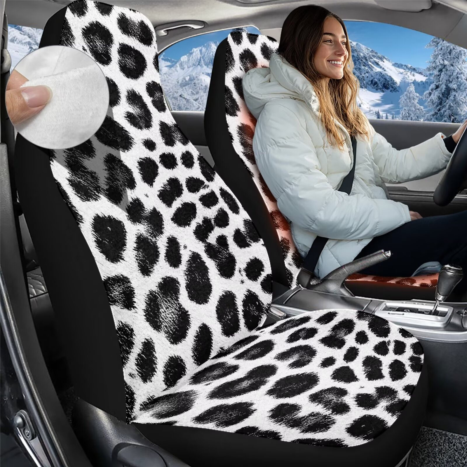 Uorisanigo Car Seat Cover Front for Cars, Soft Plush Black and White Leopard Print Auto Seat Cover 2 Packs, Car Accessories for All Season Protection of Your Seats