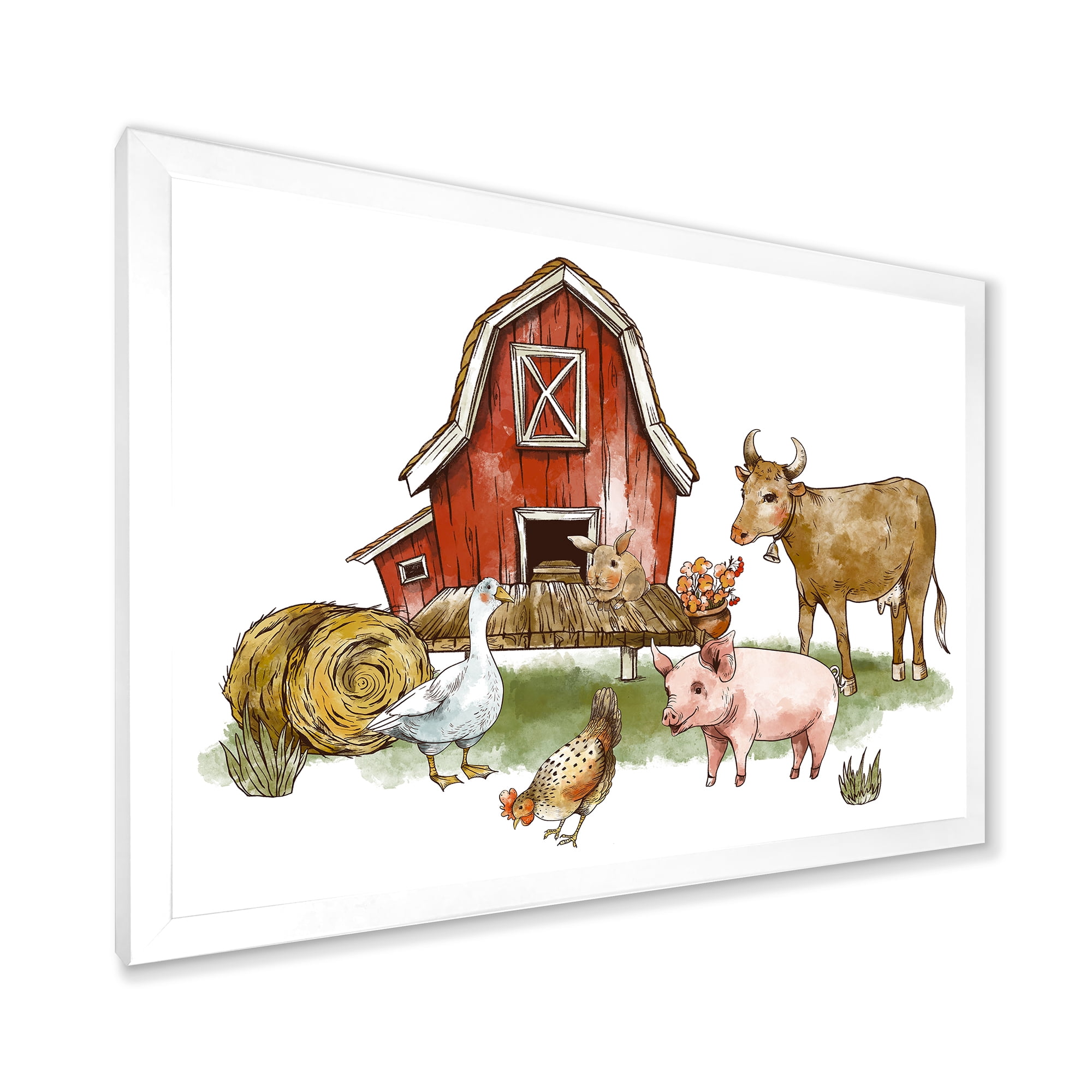 Designart 'Farm House With Goose Cow Pig Chicken and Haystack' Rustic Framed Art Print