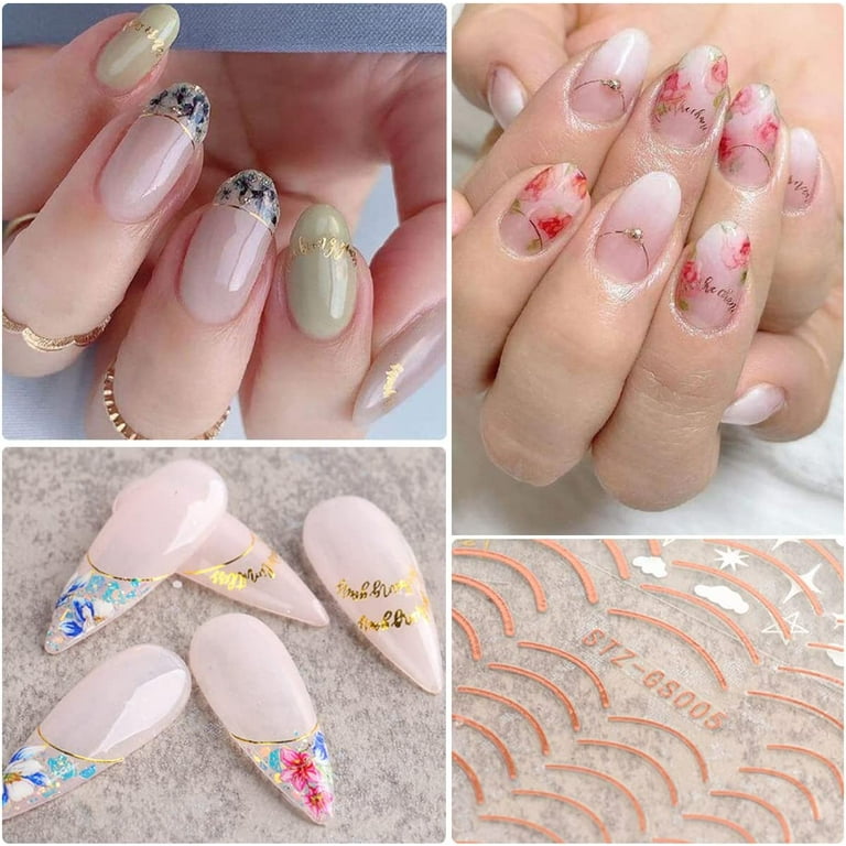 6 Sheets Line Nail Art Stickers Rose Gold Silver Metal Nail
