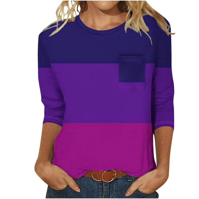 Haut Décontracté pour Femmes Couleur Unie Col Rond Manches 3/4 et Poche