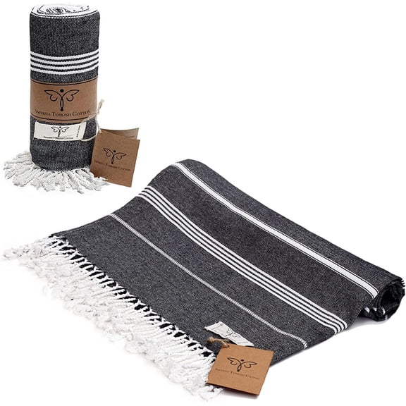 Smyrna Classical Series Original Turkish Beach Towel | 100% Cotton, Prewashed, 37 x 71 Inches | Peshtemal and Turkish Bath Towel for SPA, Beach, Pool, Gym and Bathroom (Black) Black