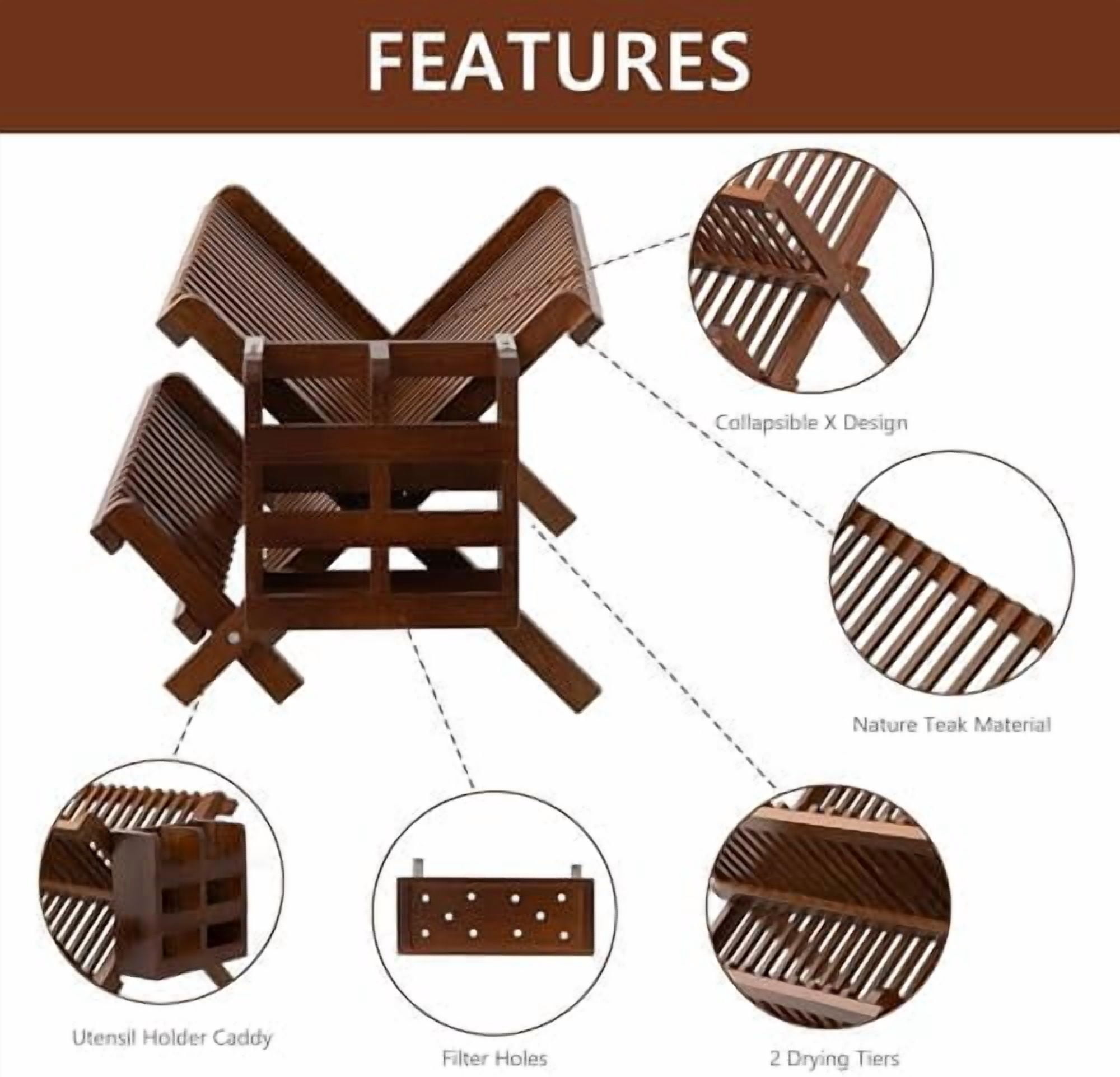 Dish Rack,Teak Folding 2-Tier Collapsible Drainer Dish Drying Rack with Utensils Flatware Holder Set
