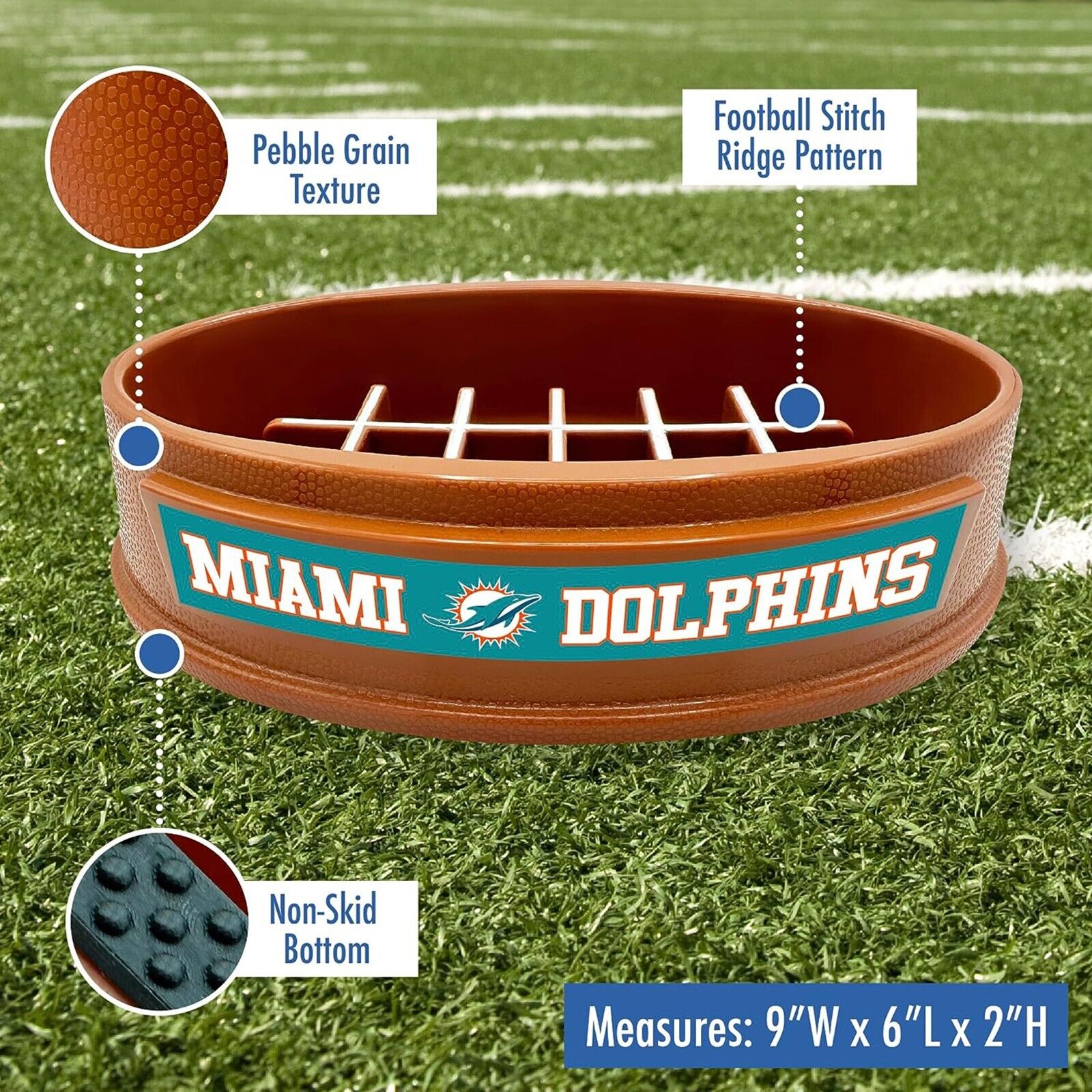 Pets First NFL Miami Dolphins Super-Bowl Slow Feeder Bowl for Dogs and Cats, Football Design for Healthy Digestion, Non-Slip, for Large & Small Pet