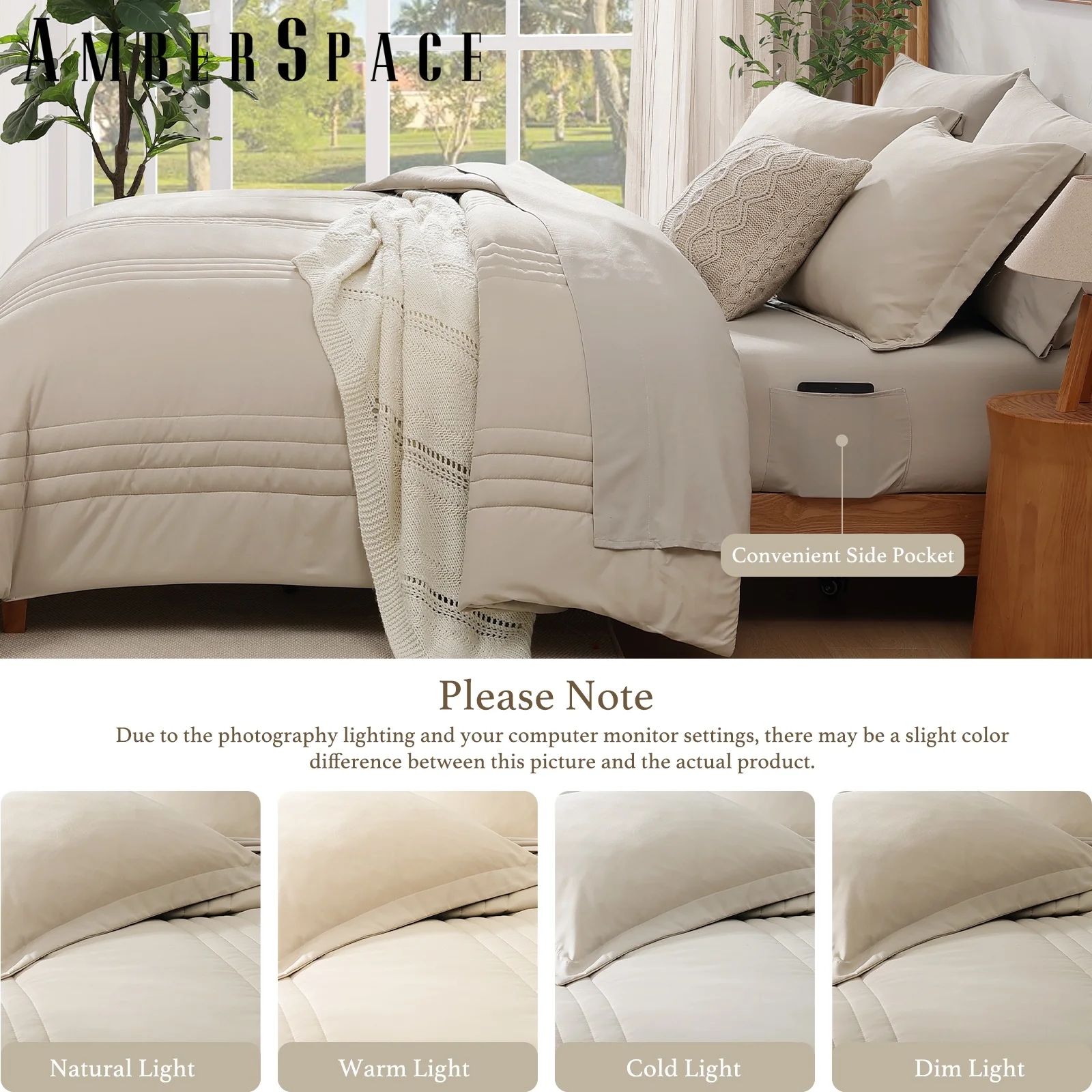 Amberspace 7-piece Bed in a Bag Comforter Set with Sheets,Beige,Queen