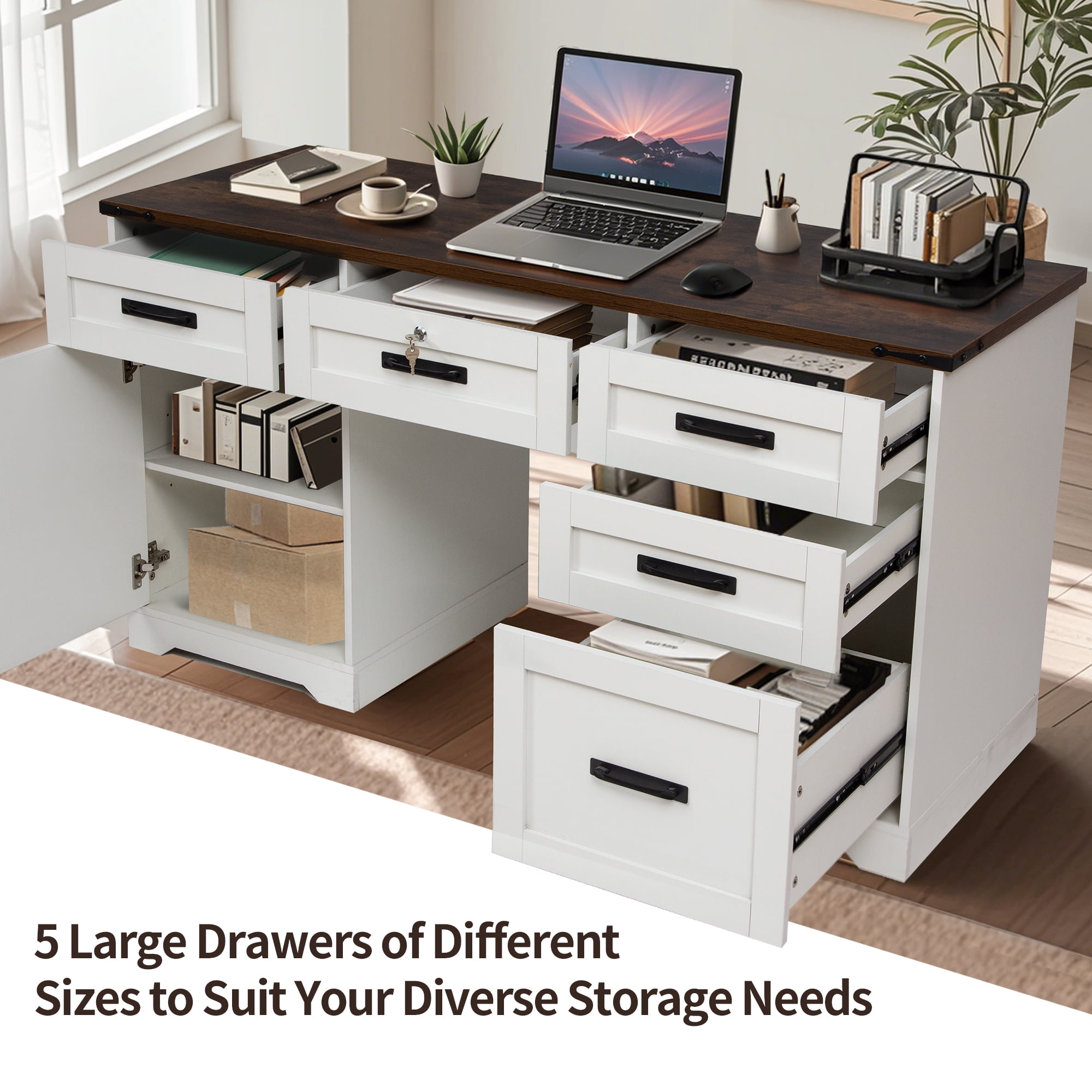 Haverchair 60" Farmhouse Executive Desk with 5 Drawers, Home Office Desk with Storage and Charging Station, Wooden computer Workspace with Lock, Cabinet with adjustable shelf for Work Study, White