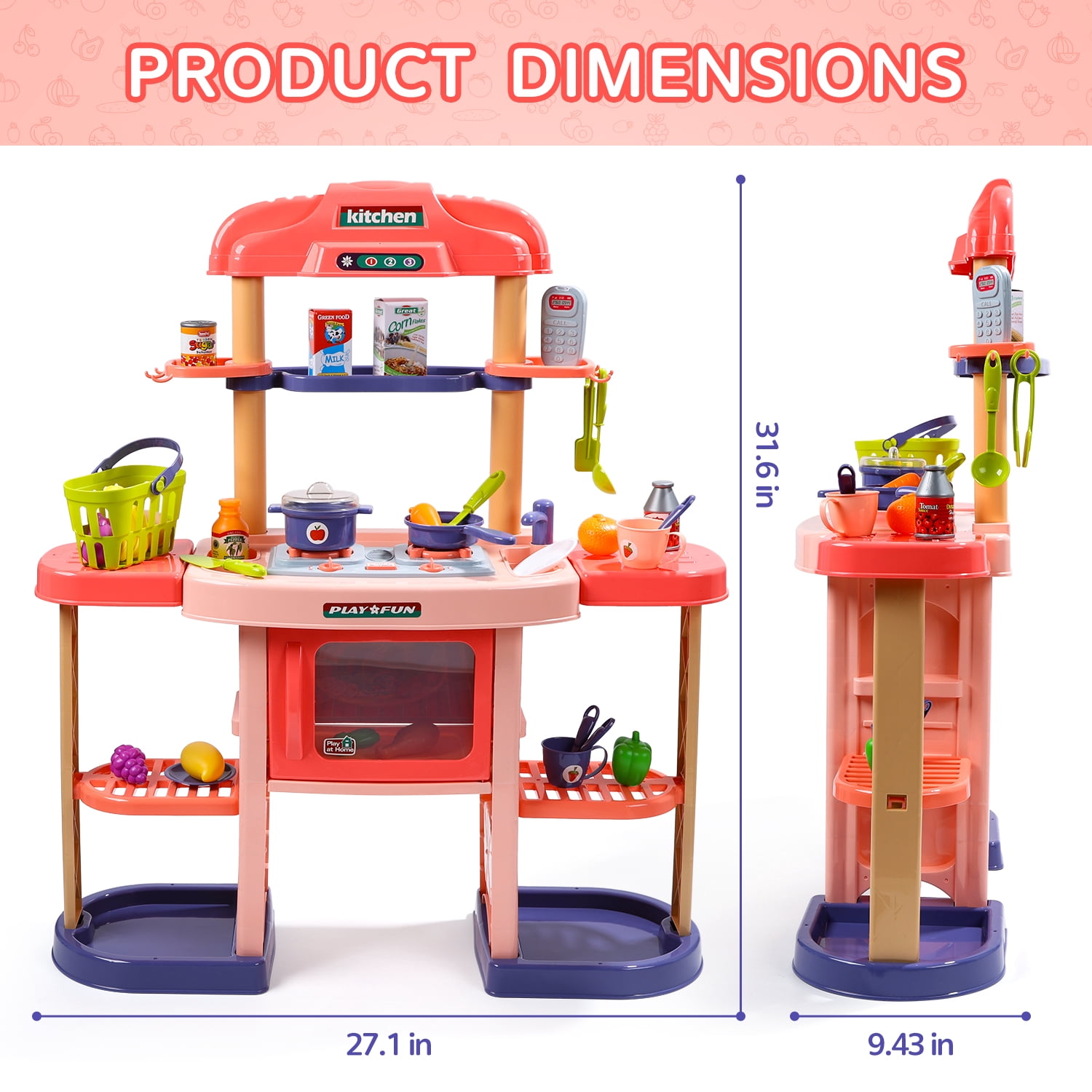 JoyStone Wooden Play Kitchen Set, Pretend Kitchen Toy with Ice Maker, Stove, Oven, Sink, Accessories, Modern Style Kitchen Playset for Kids and Toddlers Age 3+, Pink