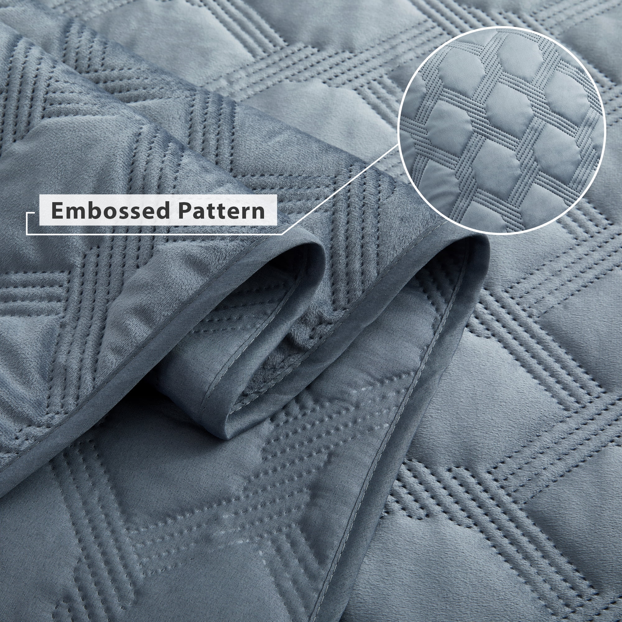 IR Imperial Rooms Luxury Velvet Quilt Set Ultrasonic Embossed Bedspread Geometric Pattern 2-Piece Soft Reversible Twin Size Bluish Gray