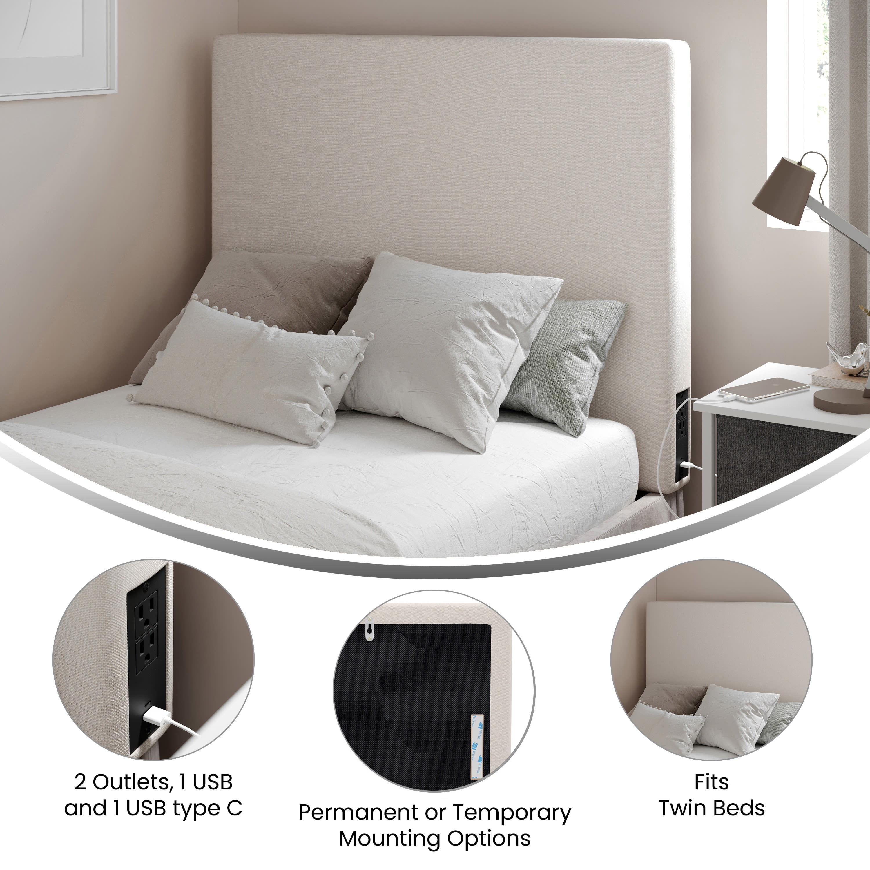 Merrick Lane Beige Faux Linen Twin Headboard with Stylish Upholstery, Dual Hanging Options, Charging Station with 2 Outlets, USB Port, USB-C Port
