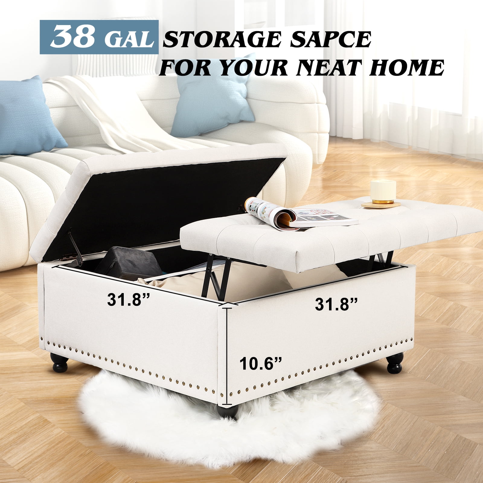 Magic Union 35 Inch Extra Large Ottoman with Storage, Large Square Storage Ottoman Coffee Table with Lift Top Tufted Linen Look upholstered Ottomans for Living Room-White