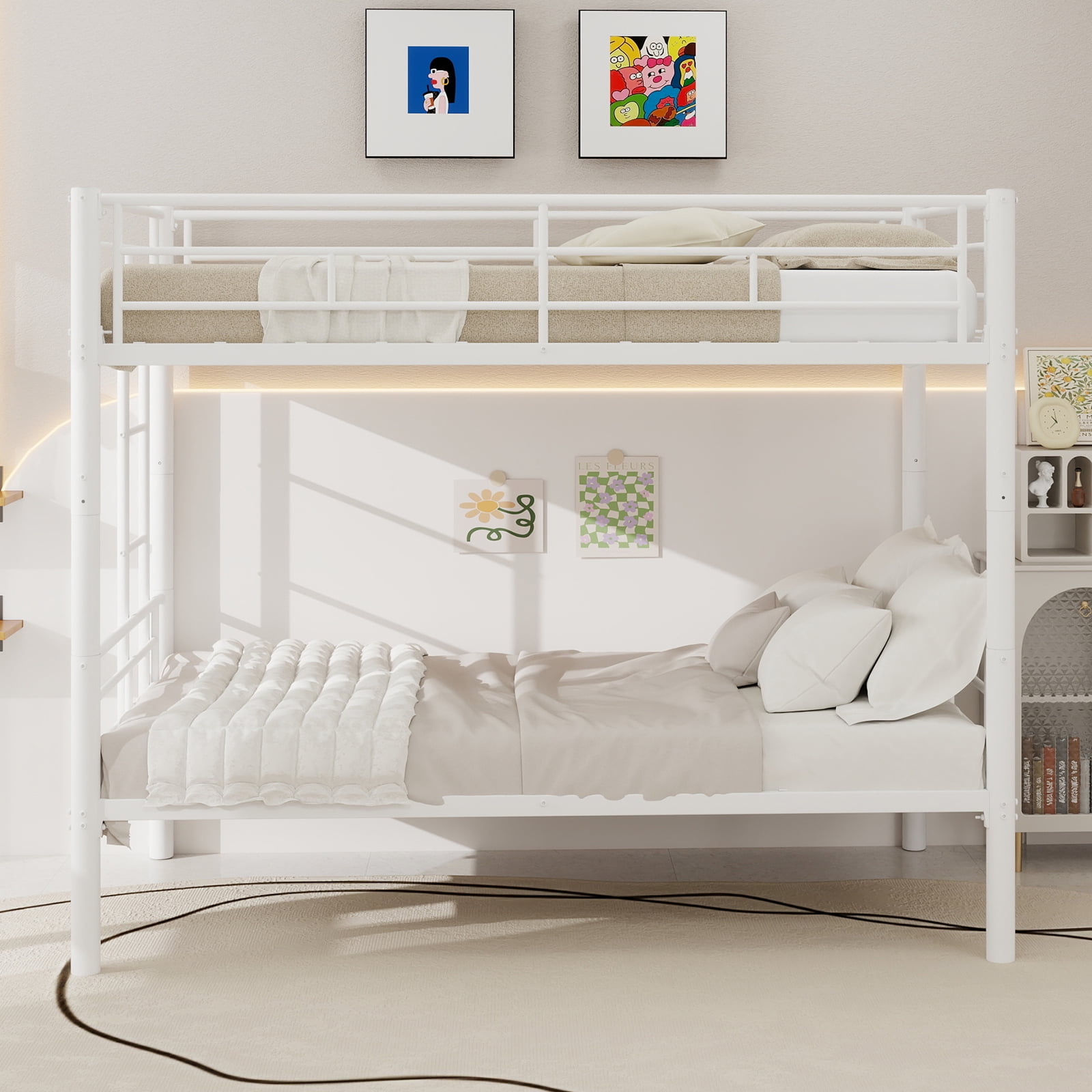 Mintazer Twin Over Twin Convertible Metal Bunk Bed, Bunk Bed Frame with Guardrails and Ladder for Kids Teens Bedroom Dorm Apartment, White