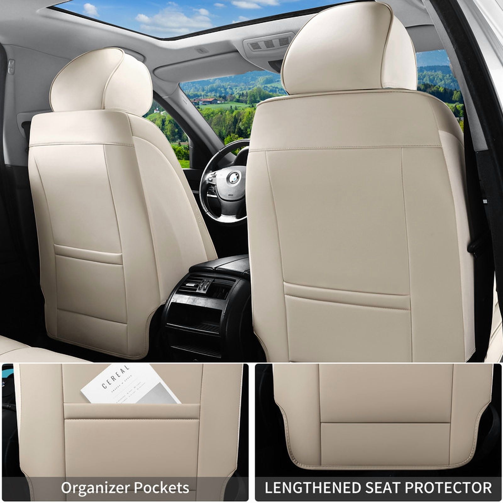 Car Seat Covers Full Set for Toyota Highlander 2007-2019,Breathable Nappa Leather Luxury Automotive Interior Accessories with Lumbar Support Beige