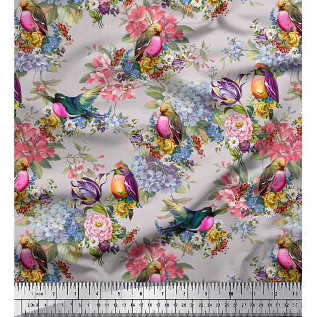 Soimoi Gray Poly Georgette Fabric Leaves,Floral & American Robin Bird Print Sewing Fabric BTY 52 Inch Wide