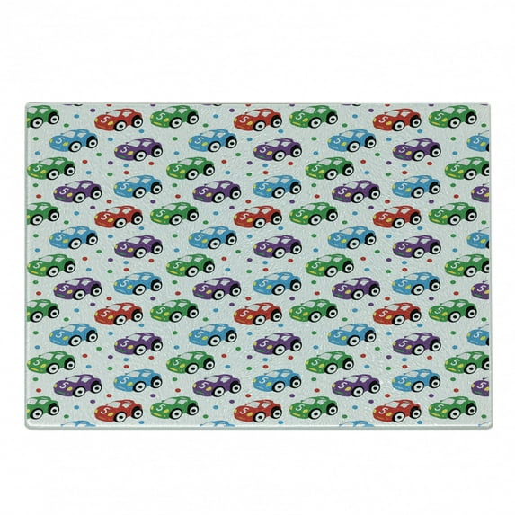 Cars Cutting Board, Boy Toy Pattern with Dots Number 5 Cars for Joyous Play Time, Decorative Tempered Glass Cutting and Serving Board, Small Size, Multicolor, by Ambesonne