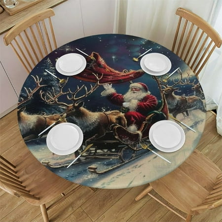 

Reindeers Round Table Cover Stain Resistant Washable Indoor Outdoor Tablecloth Kitchen Dining Wedding Parties Table Cloth 100% Polyester Fiber Christmas Theme 42-46