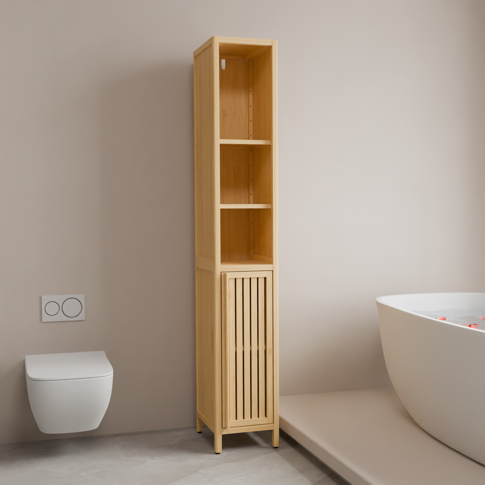 LUMAMIN Narrow Bathroom Storage Cabinet, Thin 65" Tall Bamboo Cabinets Corner Pantry with 4 Shelves & Open Compartment for Bedroom, Small Spaces, 10.6x13x64.6 inches