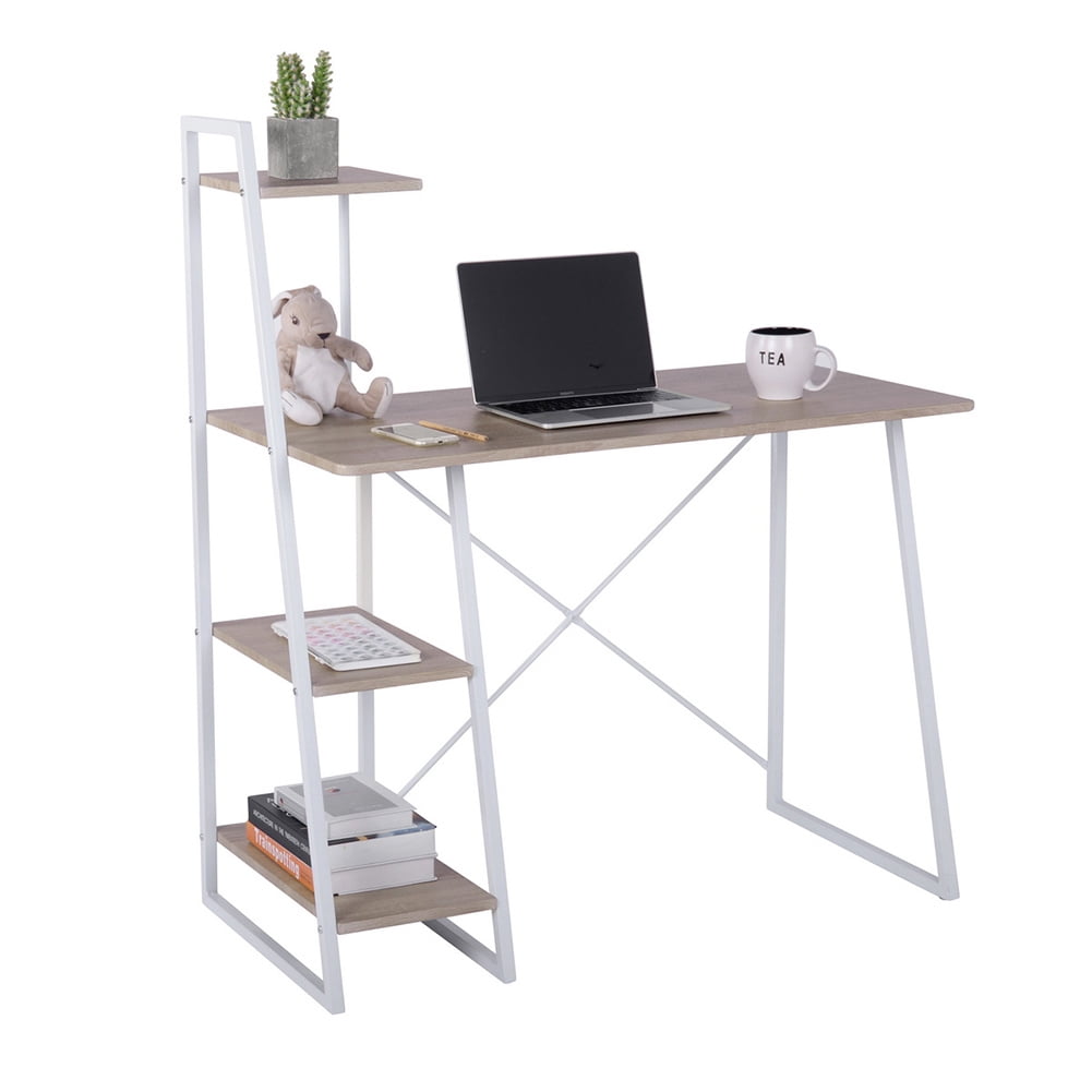 Classic Home Office Computer Desk with Shelves, Home Office Small Space Writing Desk, Oak White Classic Home Office Computer Desk with Shelves, Home Office Small Space Writing Desk, Oak White